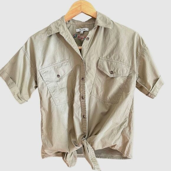 MADEWELL Embroidered Tie Front Safari Shirt Womens Small Floral Tan Camp Western - Picture 2 of 12